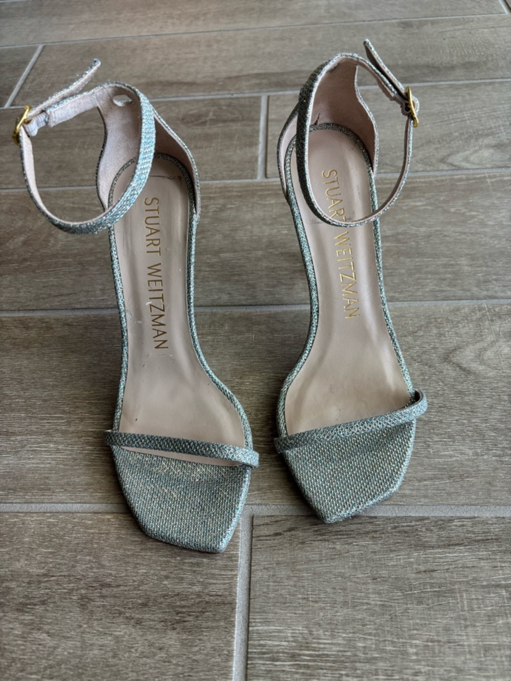 Stuart Weitzman Shimmery Light Silver Open-Toe Ankle-Strap Heels